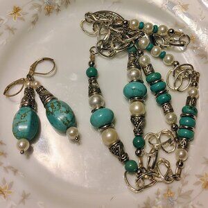 Artisan NECKLACE Earrings Howlite Turquoise Silver Tone Bead Southwestern Set